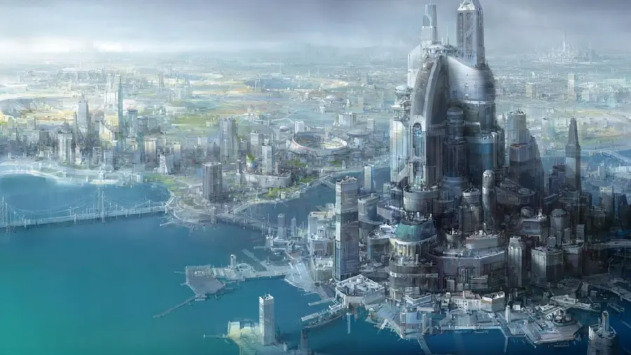 Popular fantasy background of a sophisticated metropolis on the seashore