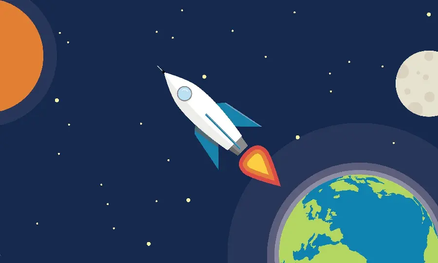 Cool background of a cartoon rocket near the earth and the sun