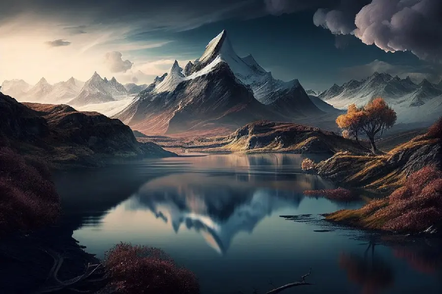 A pleasant and very natural painting of artificial intelligence from the nature of a lake on the mountainside