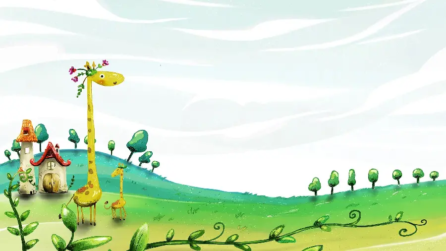 A cute childish drawing of giraffes in spring in hd quality