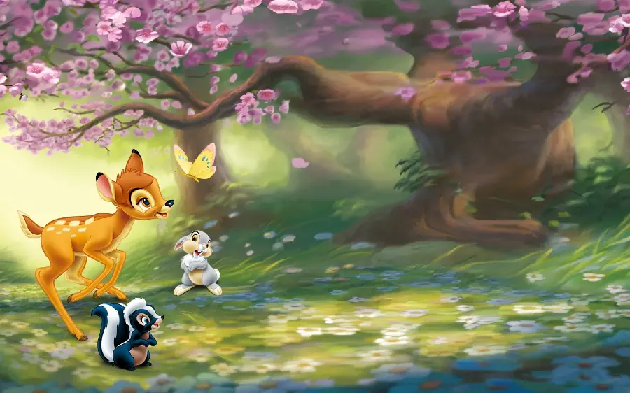 Beautiful photo of Bambi cartoon in the lovely nature of spring
