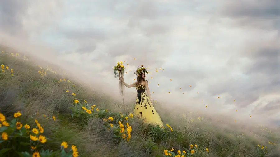 Admirable Wallpaper of a Young Girl in Nature with a Yellow Theme