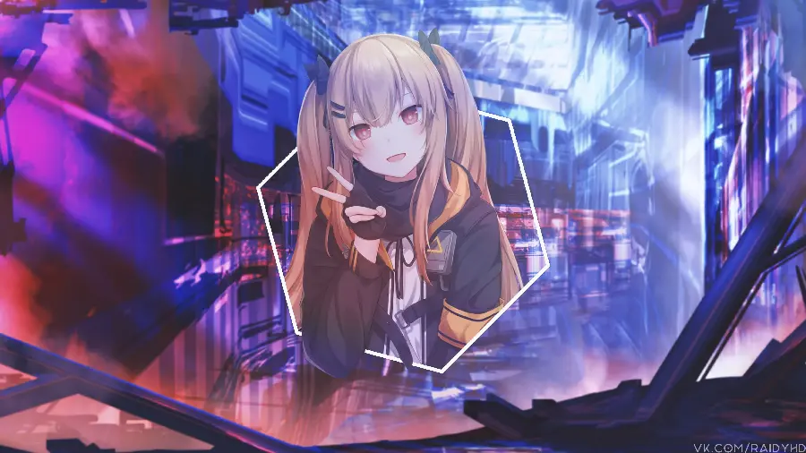 Full HD motivational background of an anime girl with a victory hand sign