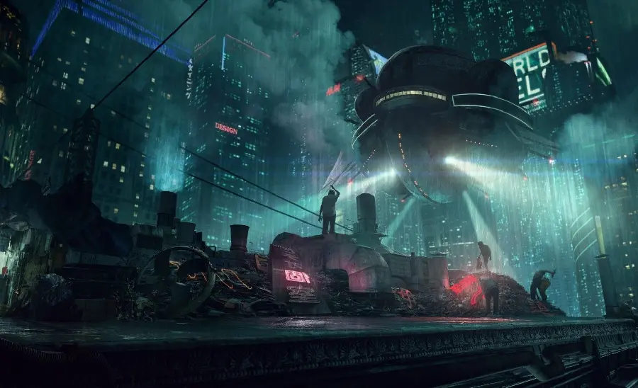 Fantasy poster of an alien attack on the city for printing 1402