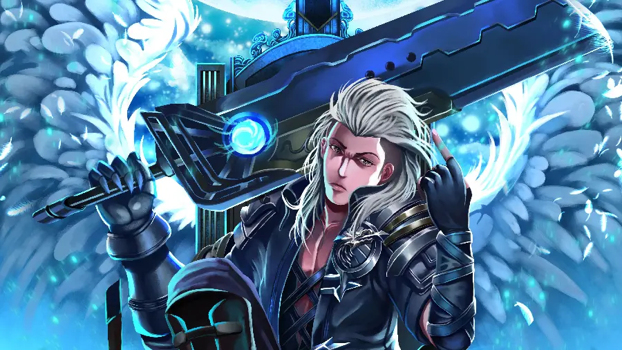 Photo of a hero boy with a big sword and long white hair