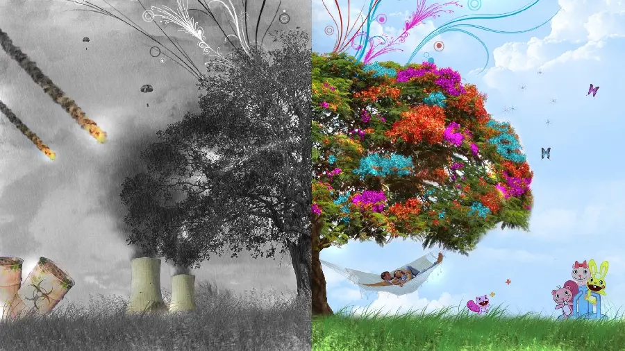 Comparison of pollution and cleanliness of nature and the environment with a two-sided picture of a tree