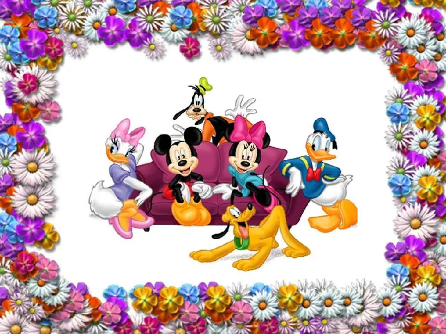 Mickey Mouse cartoon poster decorated with beautiful spring flowers