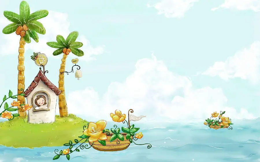 Girly cartoon background of a small island in spring