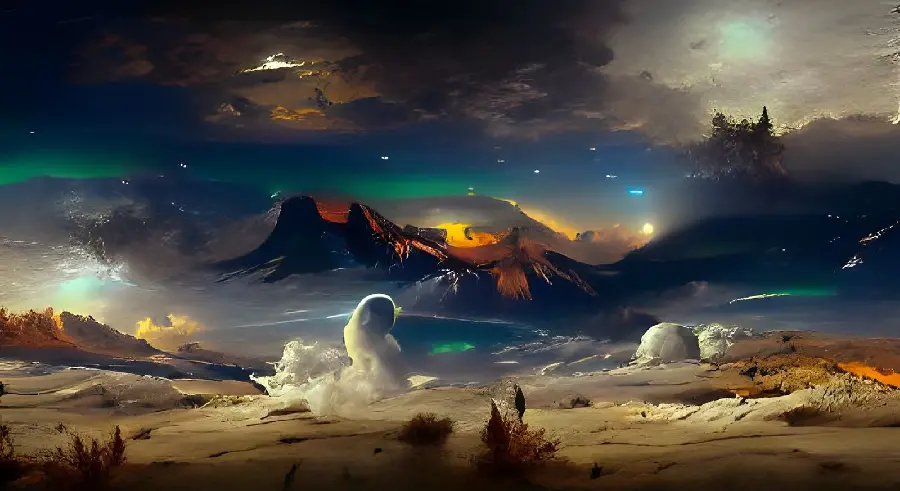 The most beautiful photo of strange nature under the light of the northern lights produced by AI