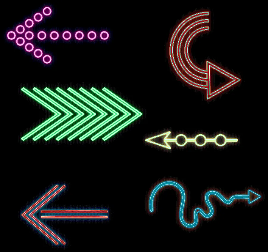 Neon arrows and arrows green yellow blue orange red pink in free PNG format