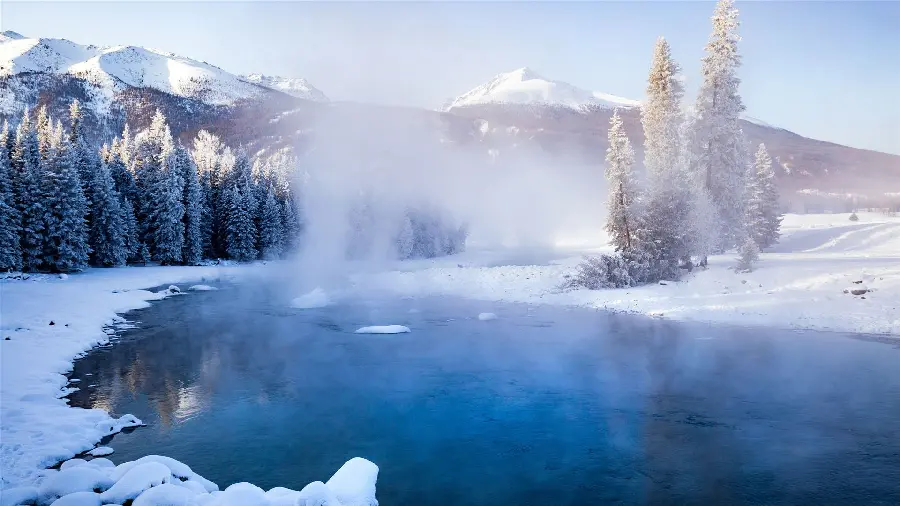 High-quality frame of a river in the heart of a snowy forest suitable for printing a picture 