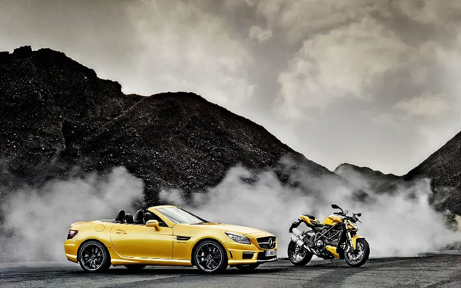 Yellow Car and Motorcycle Wallpaper