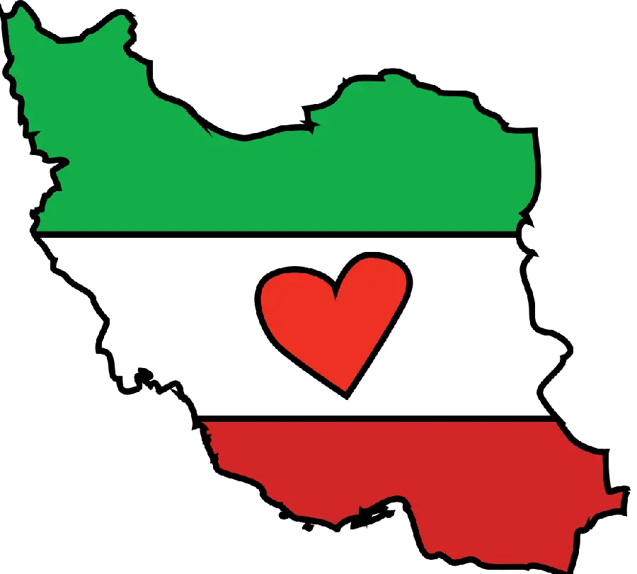 Beautiful profile of the map of Iran in the colors of the flag with a heart in the middle