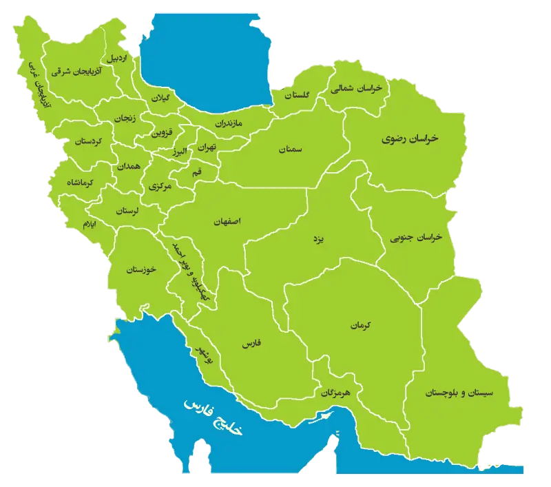 Complete map of Iran with cities written in free png format