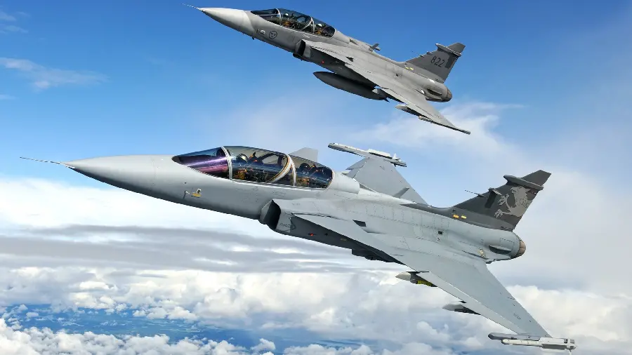 Stock photo of two American fighter jets side by side in the sky