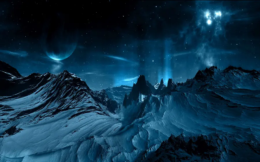 Science fiction image of the moon over the snowy mountains with a bright blue theme