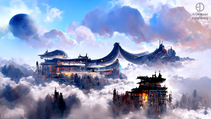 Strange photo of artificial intelligence or Al from a beautiful land among the white clouds of the sky