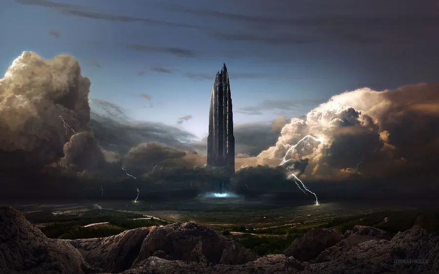 Magnificent graphic frame of a fictional rocket in the form of a building