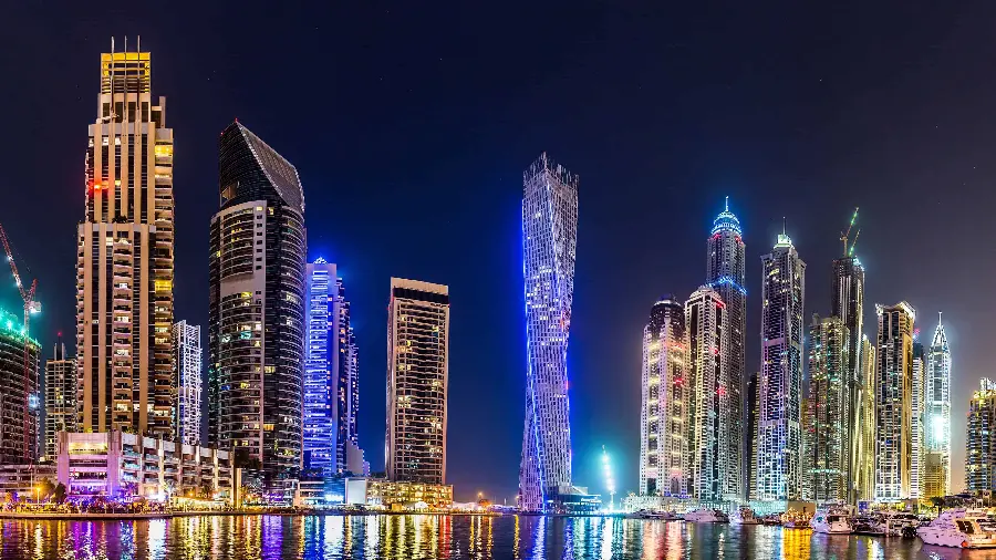 The most beautiful wallpaper of Dubai with colorful towers at night