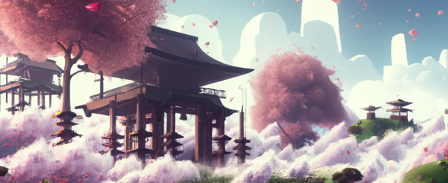 Popular AI painting of traditional Japanese houses among the masses of pink blossoms of trees