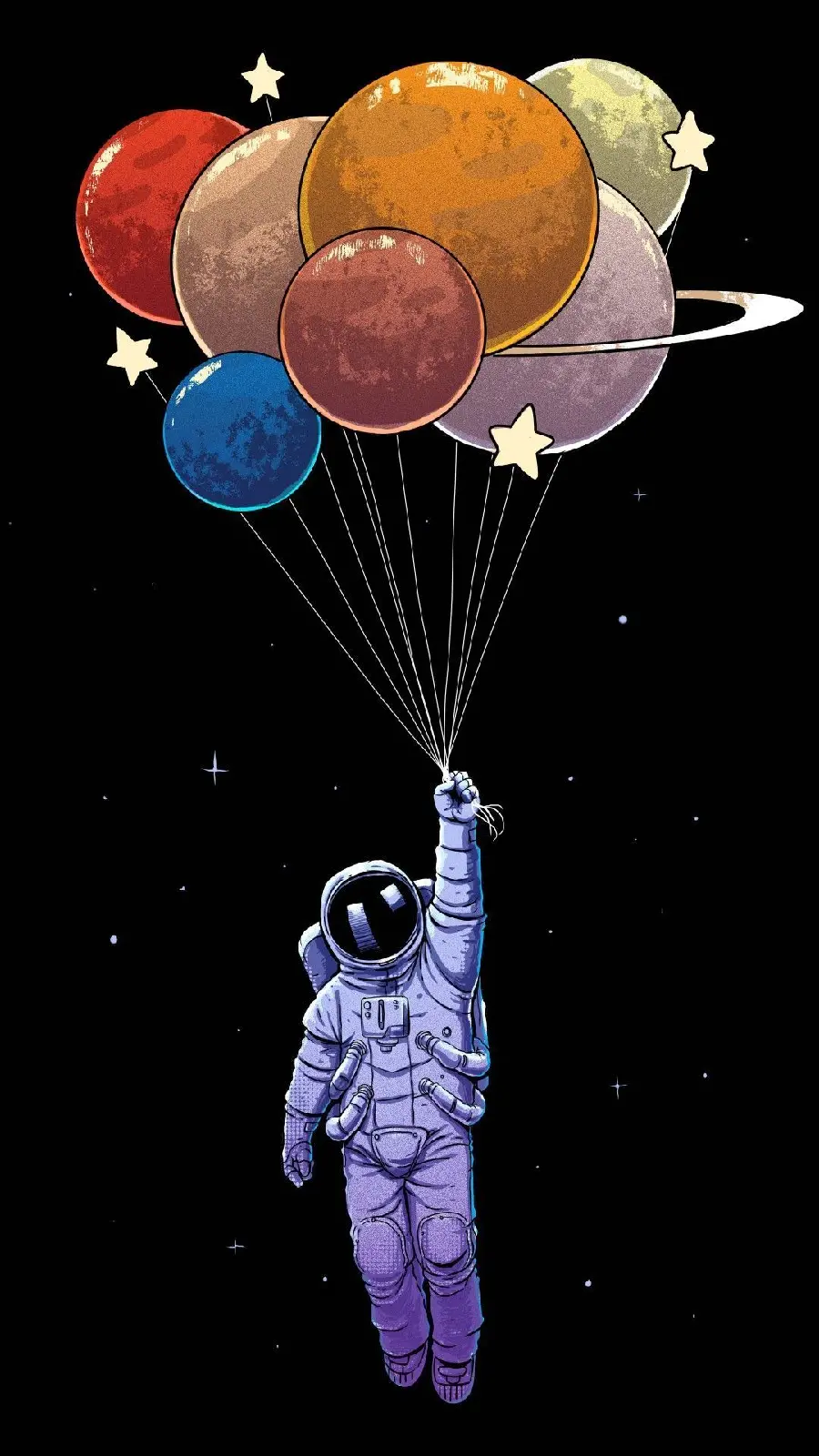 Profile photo of planets in the form of balloons in the hands of an astronaut