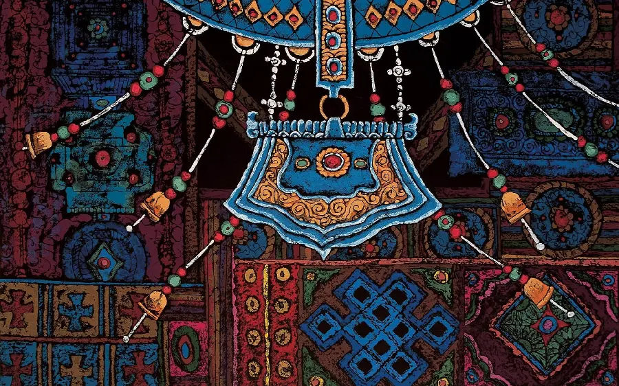 Painting of Buddhist temples in Tibet in the historical country of China