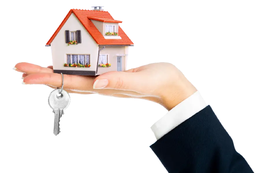 Photo of a house on a hand with a house key in PNG