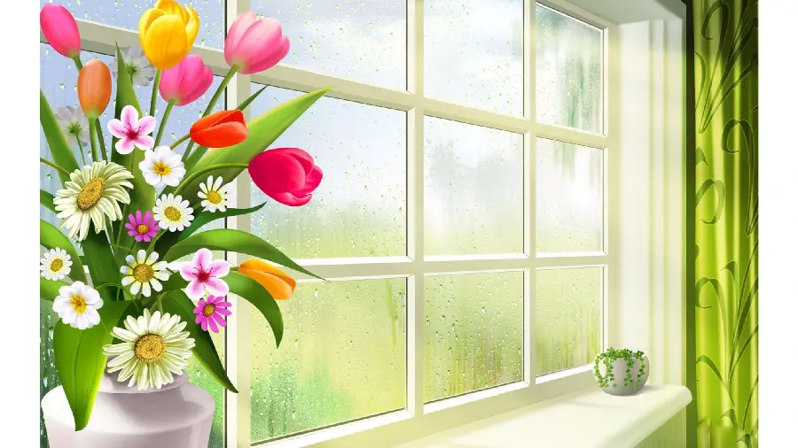 Painting of spring flower vase on the window sill for background with hd resolution