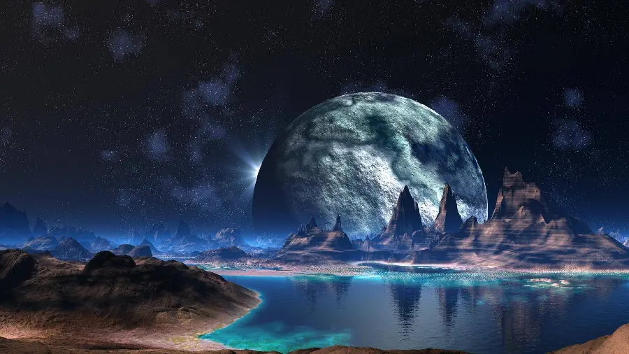 Amazingly beautiful fantasy image of a blue lake in the galaxy