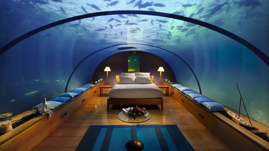 A strange luxury aquarium hotel background in a 4k frame