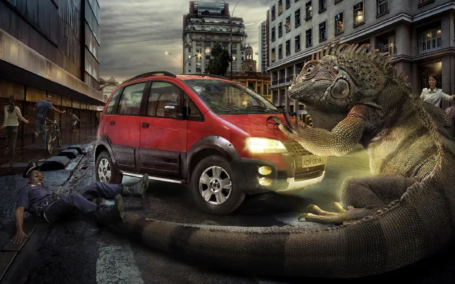 Photo of a giant and scary lizard next to a red car in the city