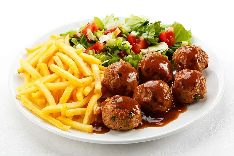 Dream photo of meatballs and potatoes and delicious salad 2023