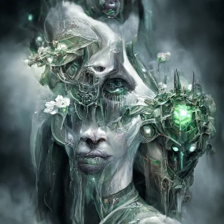 Image of a strange and magnificent face of a girl in artificial intelligence with a green and silver theme