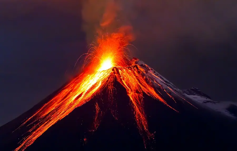 Dangerous active volcano photo with fiery lava suitable for profile