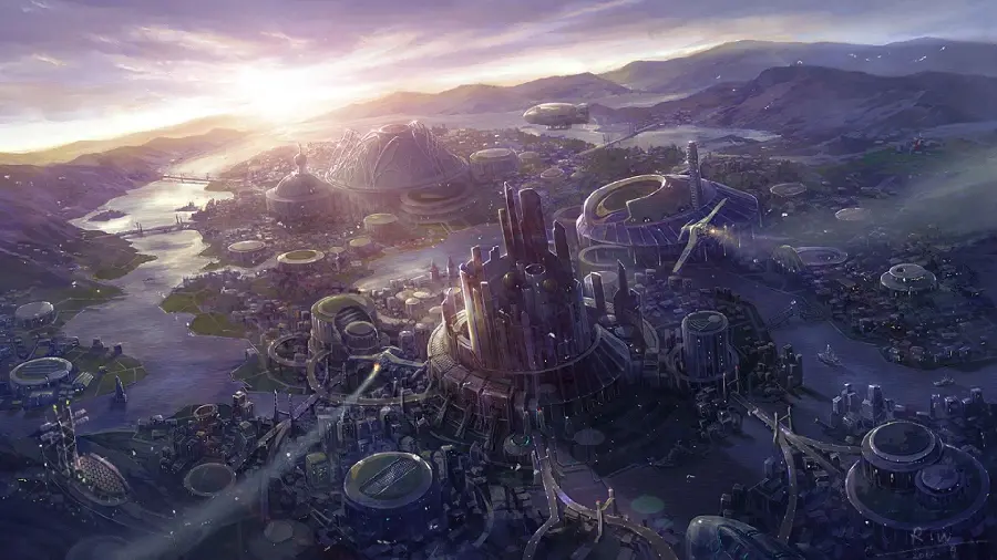 Amazing Aerial View of a Big Industrial City in the Fantasy Genre