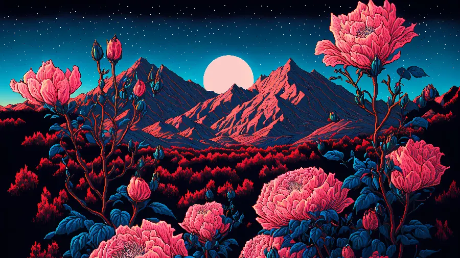 Artificial Intelligence-generated painting of the moon, red flowers, and mountains under a starry sky