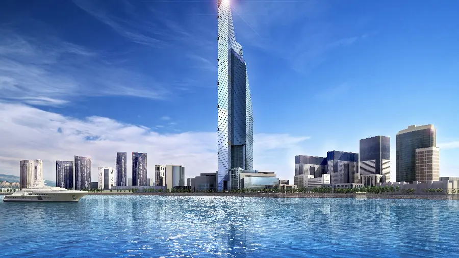 Stock photo of beautiful tall tower and relaxing lake in Dubai