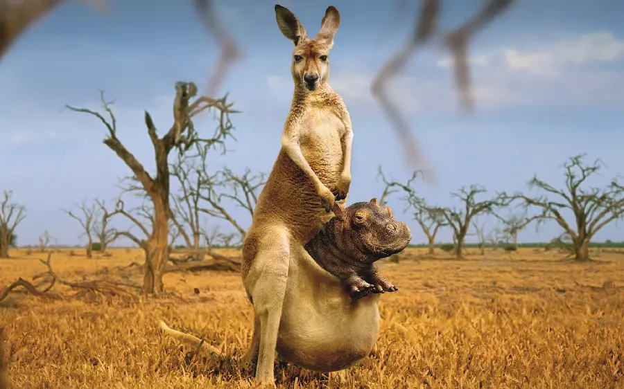 Cool and funny photo of a rhino in a kangaroo pouch for a meme