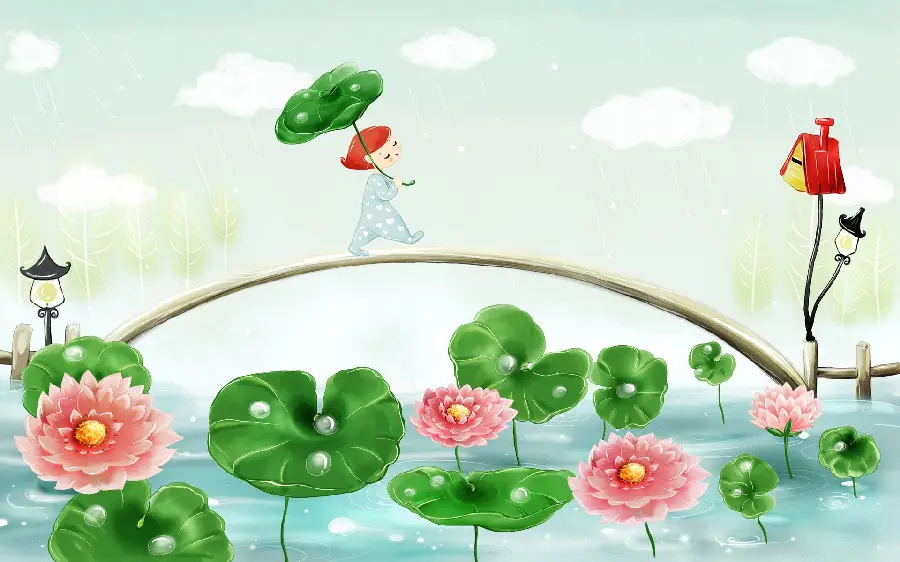 Girly cartoon background of beautiful girl and spring rain