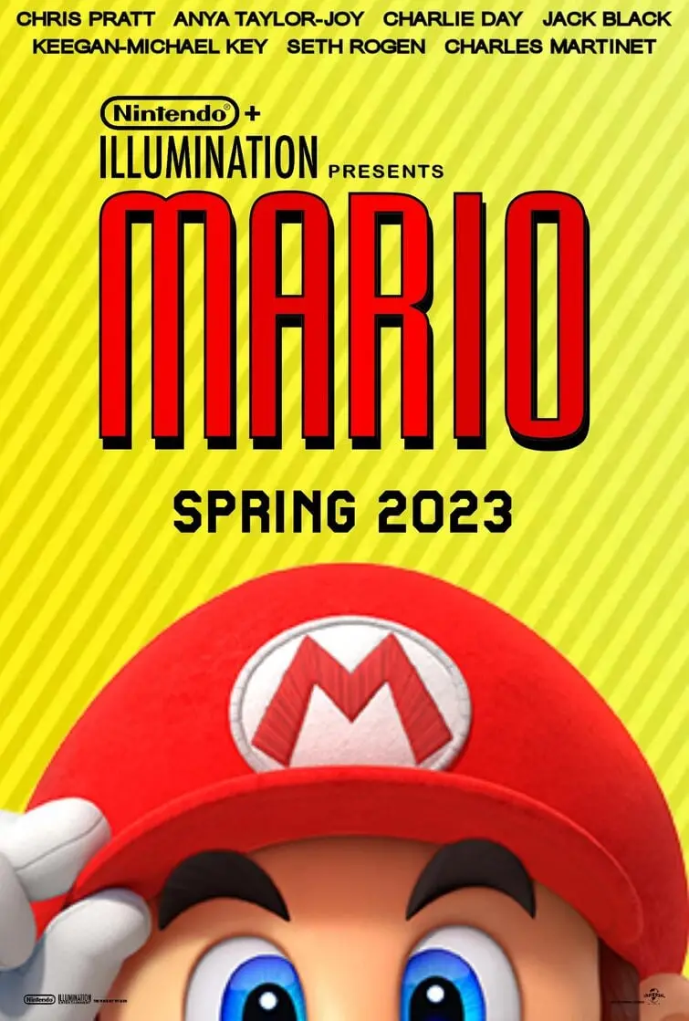 Super Mario Bros. animation yellow poster with Mario's famous hat design