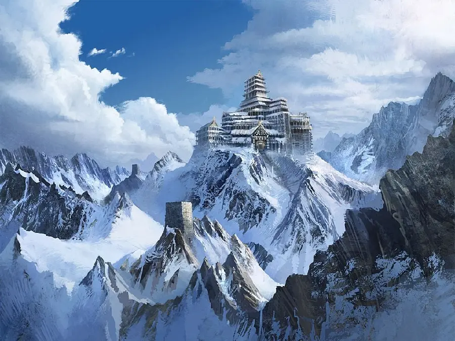 Amazing picture of a beautiful temple in the snowy mountains of Tibet