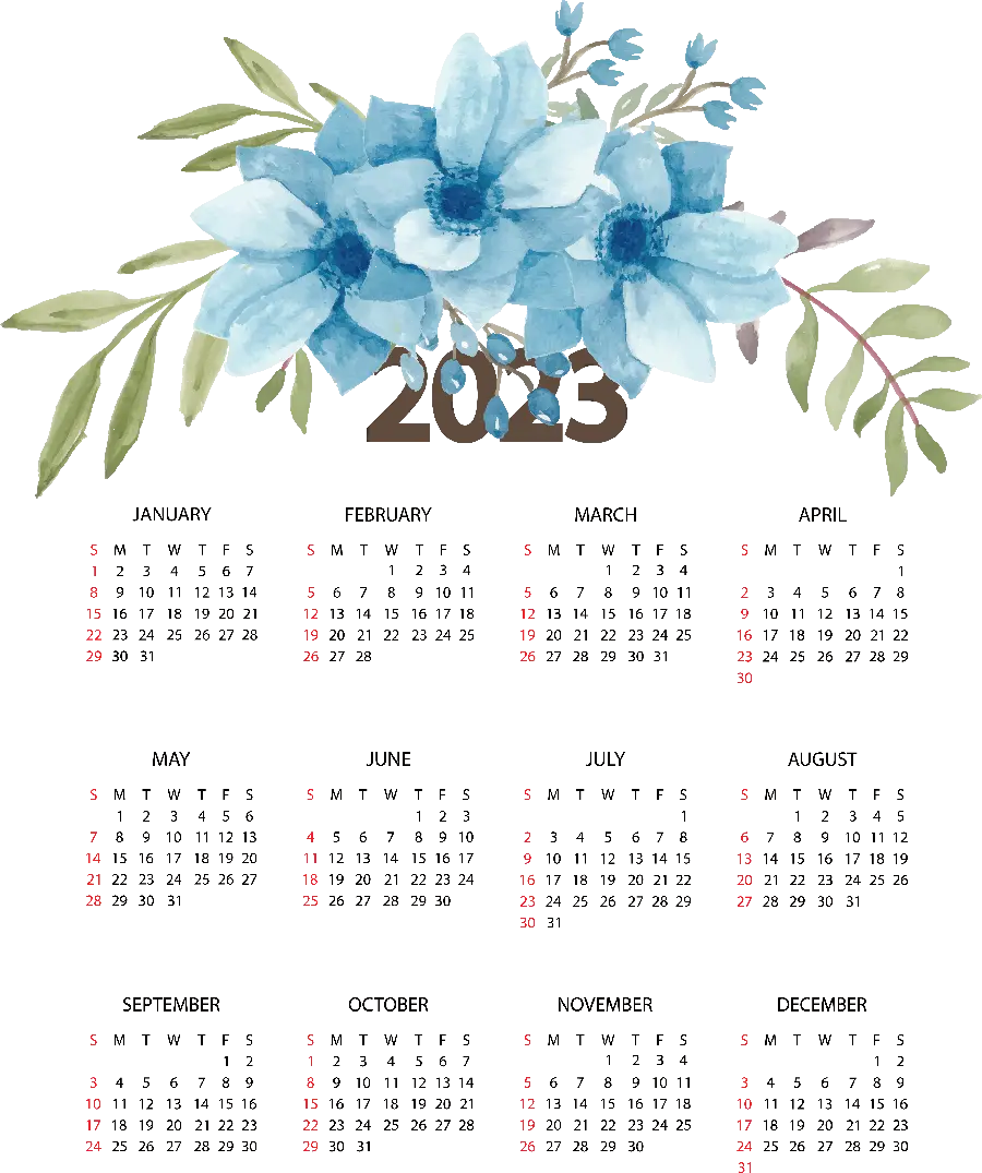 2023 Calendar Photo with Blue Flowers and No Background