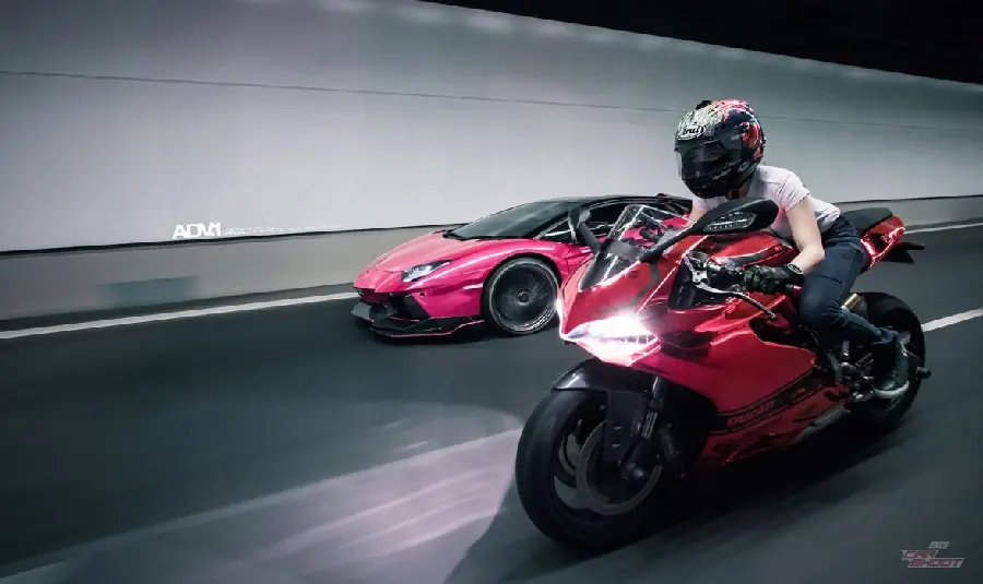 Stylish purple car and motorcycle photo