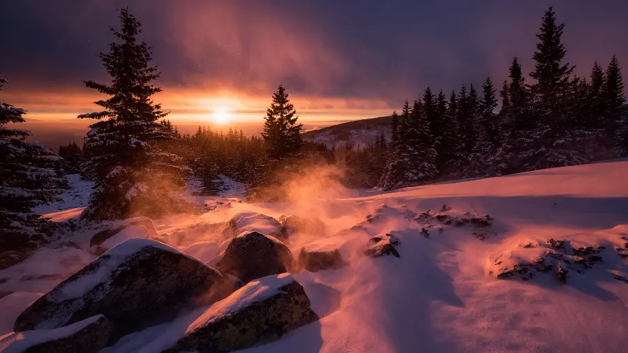 Photo of the sun's rays On the snow in HD quality