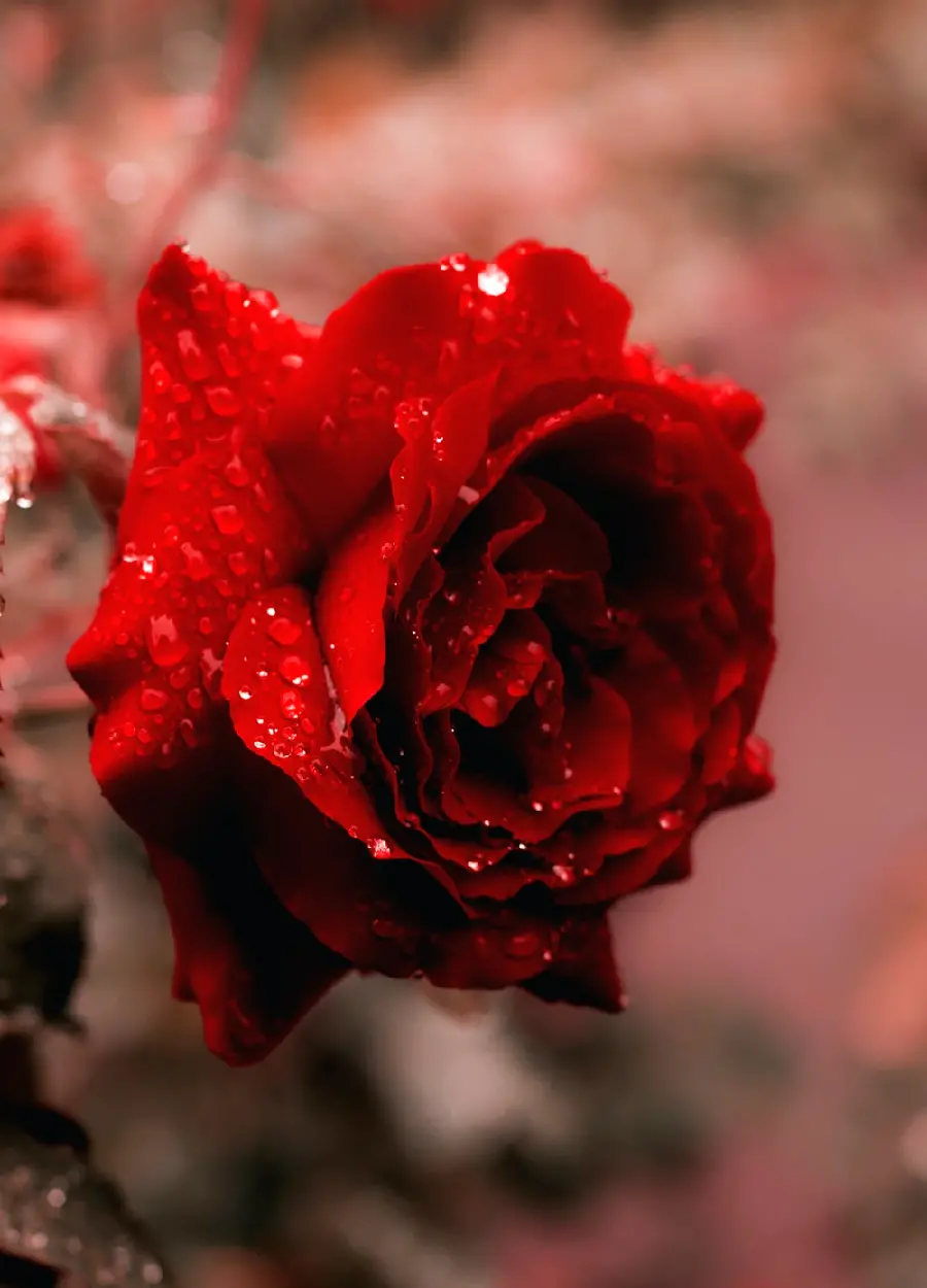 Photo of a red rose covered in dew in nature, suitable for a profile
