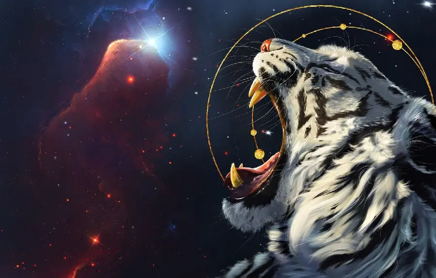 Amazing View of a White and Robust Tiger Roaring in the Starry Galaxy