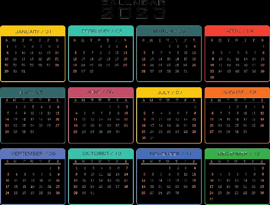 Colorful Gregorian Calendar Photo Without Background 2023 