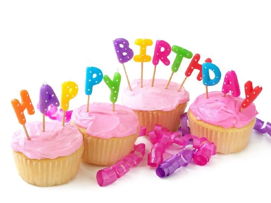 Pink Birthday Cupcakes Image with Happy Birthday Caption 