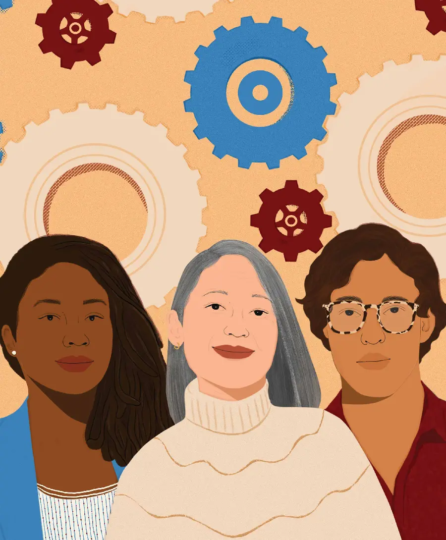 Painting of three girls and women with different cultural appearance conditions for stories
