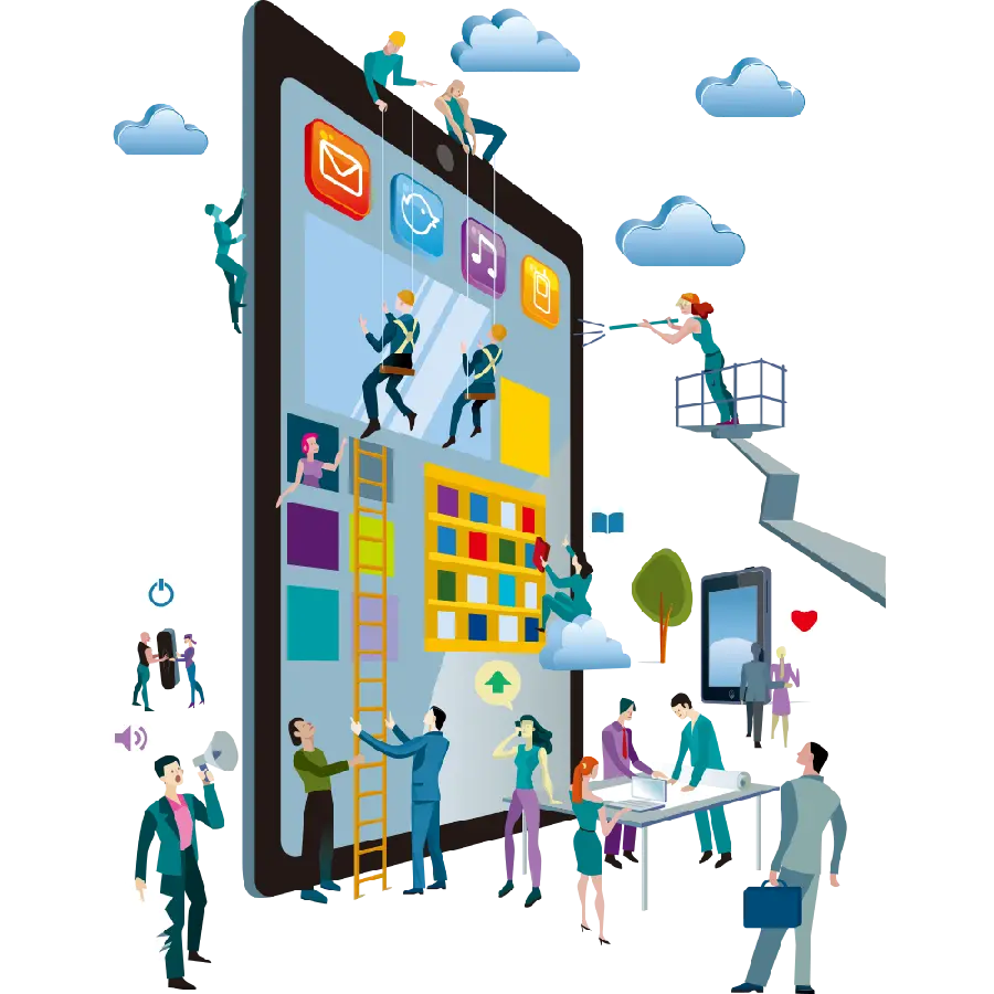 Interesting telephoto photo of tablet with various people and situations